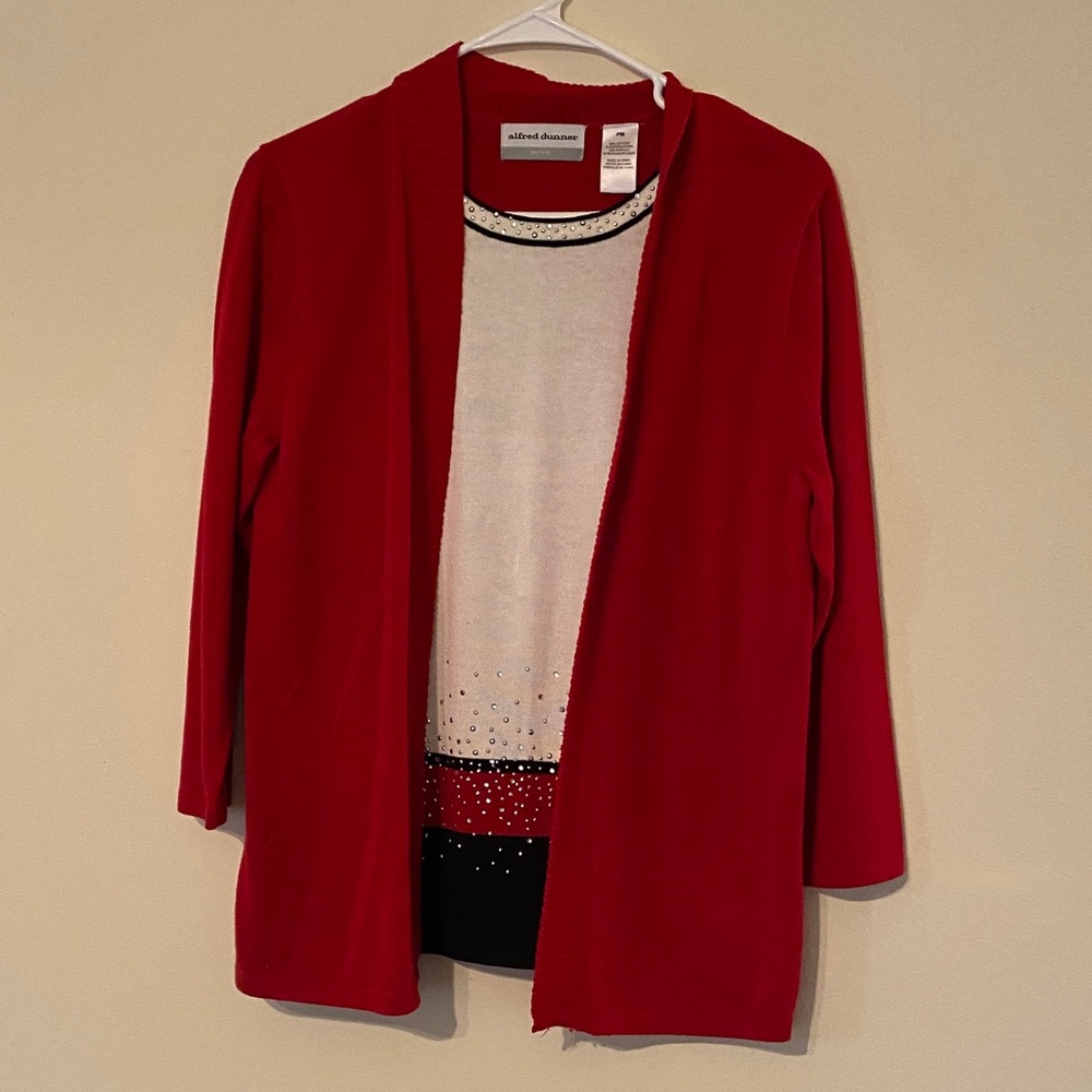 Alfred Dunner Red Cotton blend Cardigan with built-in top